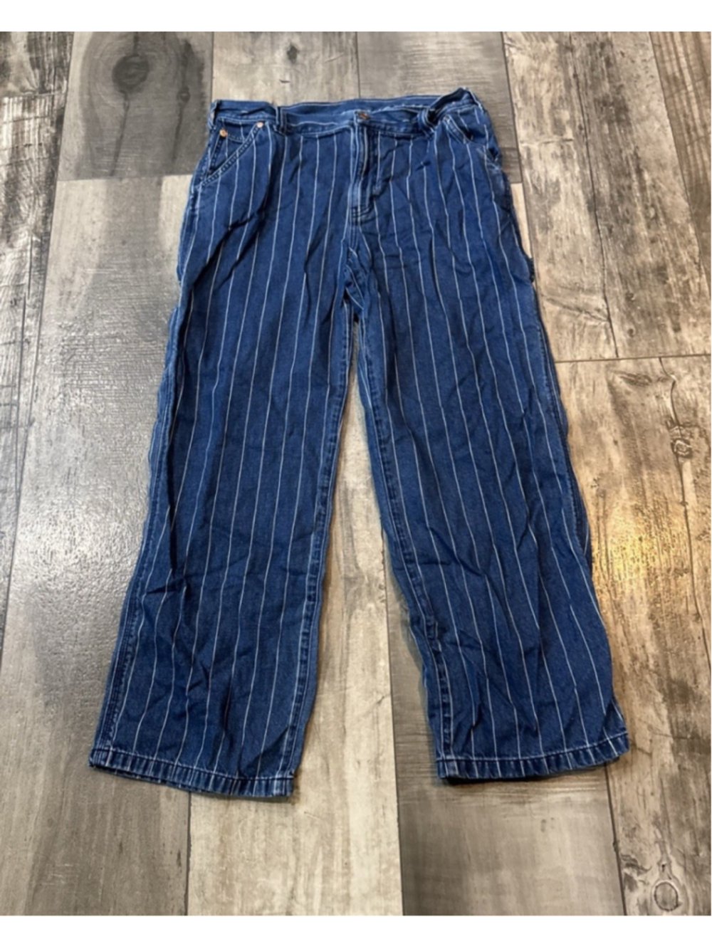 GAP Women’s 90s Loose Fit Carpenter Jeans pin Striped Blue Denim Sz 10 mid rise